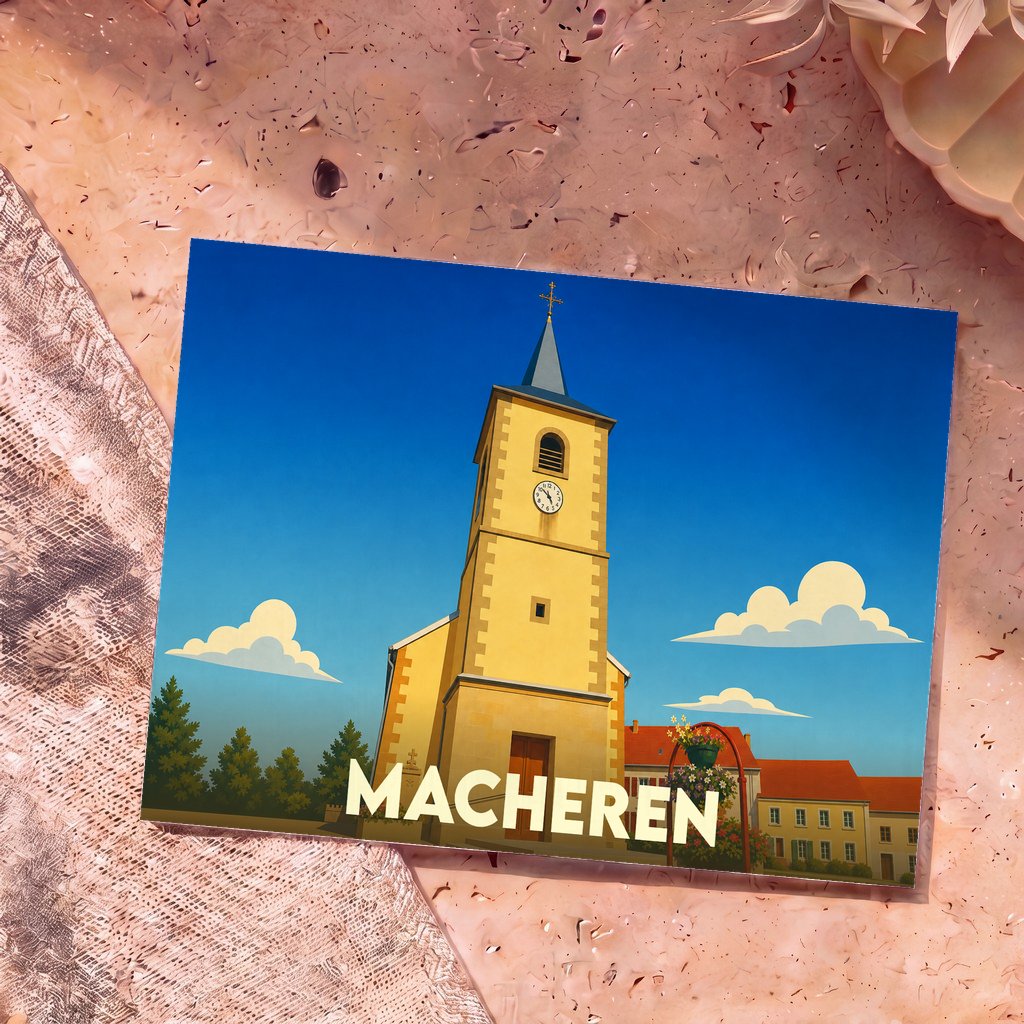 Carte postale souvenir de la ville de Macheren avec une illustration stylisée de son église sous un ciel bleu.