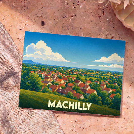Carte postale souvenir de la ville de Machilly avec une illustration colorée et stylisée de son paysage rural.