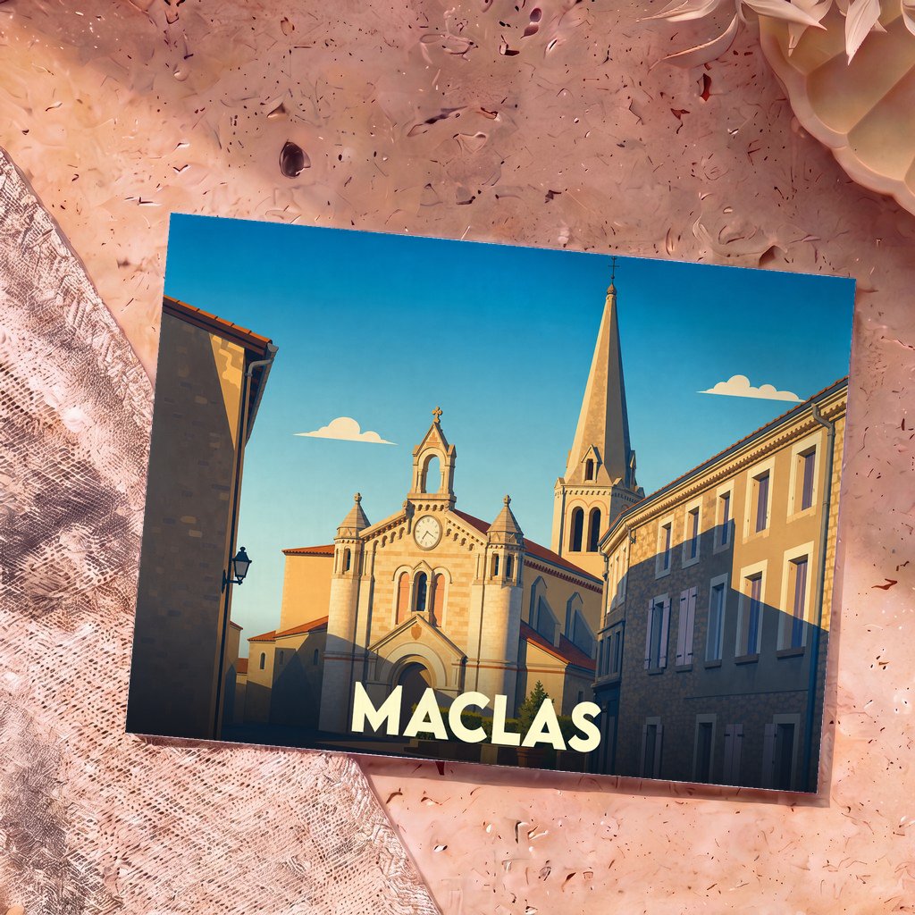 Carte postale souvenir de la ville de Maclas avec une illustration stylisée de son église sous un ciel bleu.