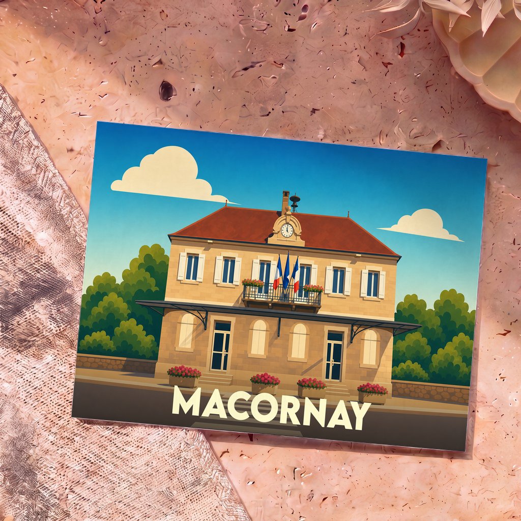 Carte postale souvenir de la ville de Macornay avec une illustration stylisée de sa mairie.