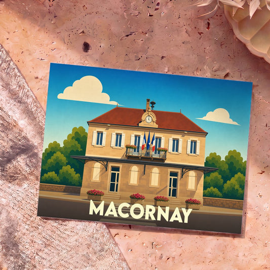 Carte postale souvenir de la ville de Macornay avec une illustration stylisée de sa mairie.