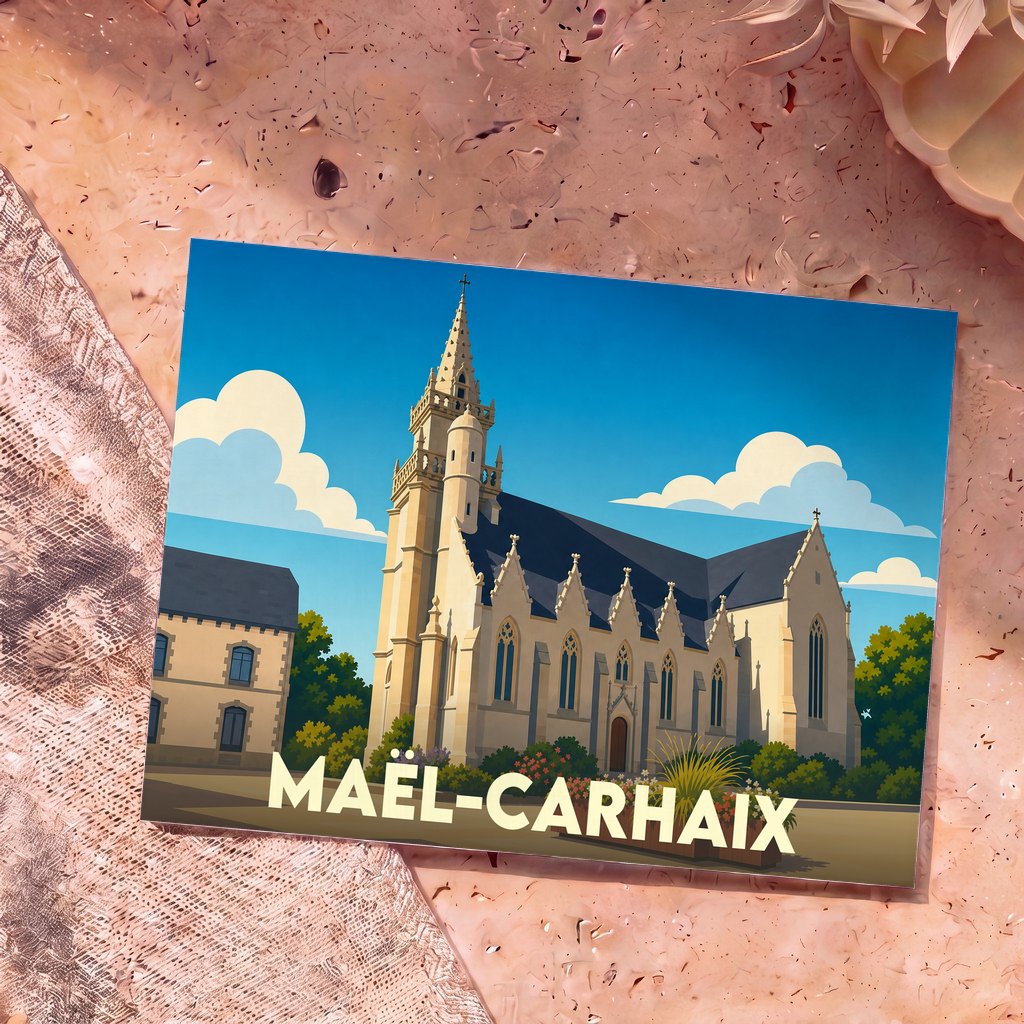 Carte postale souvenir de la ville de Maël-Carhaix avec une illustration stylisée de son église.