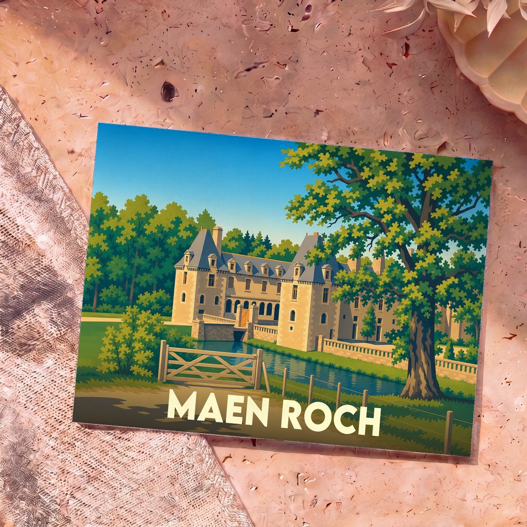 Carte postale souvenir de la ville de Maen Roch avec une illustration stylisée d'un château au bord de l'eau.