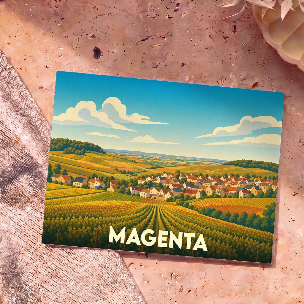 Carte postale souvenir de la ville de Magenta avec une illustration stylisée de ses vignobles et de son village.