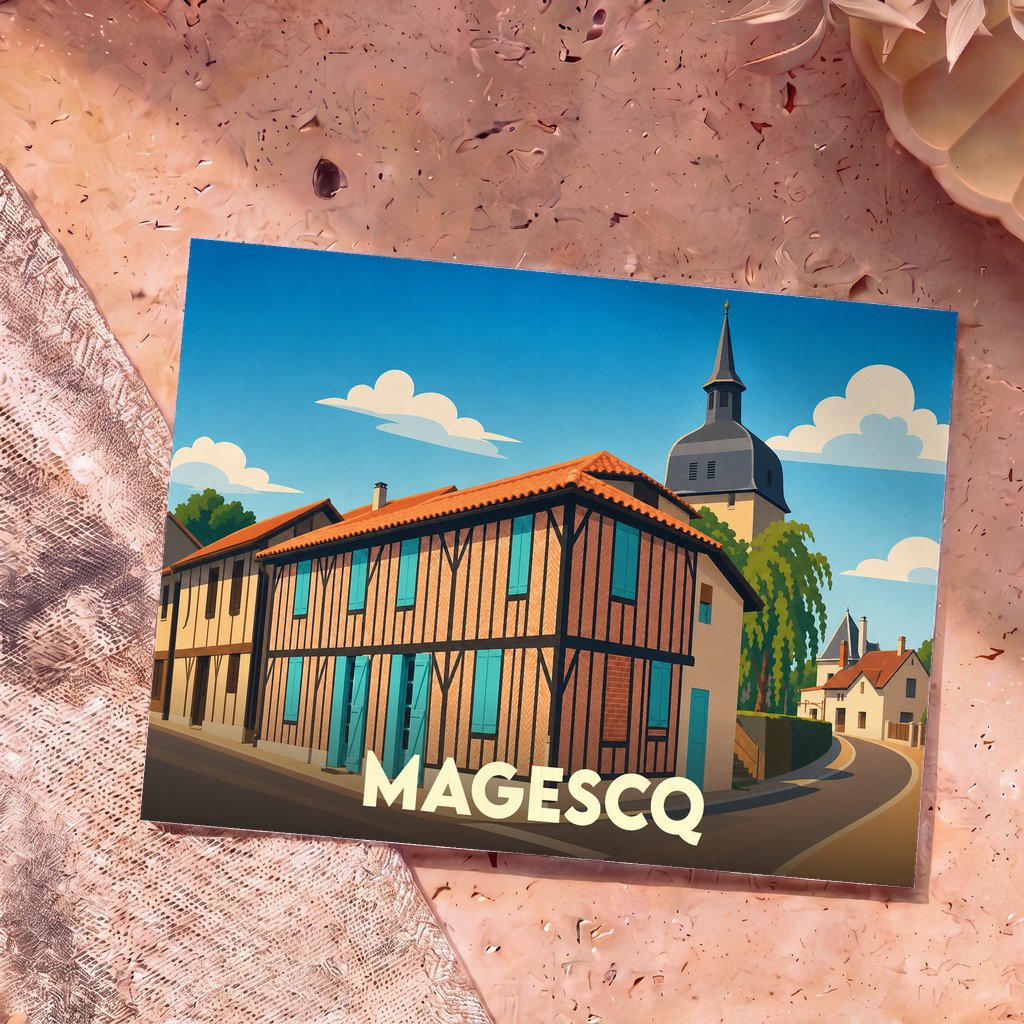 Carte postale souvenir de la ville de Magescq avec une illustration stylisée de ses maisons à colombages et de son église.