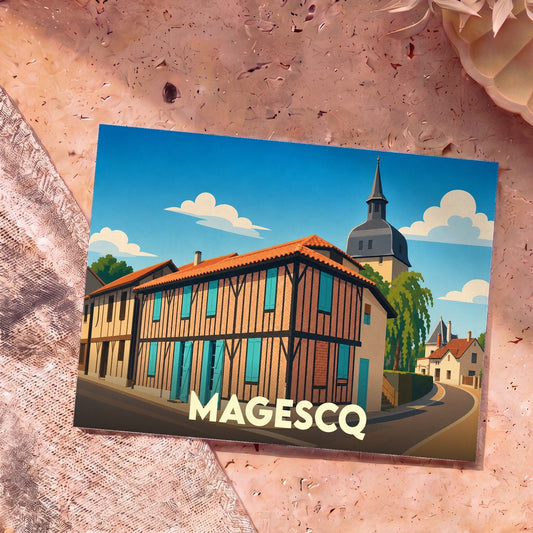 Carte postale souvenir de la ville de Magescq avec une illustration stylisée de ses maisons à colombages et de son église.