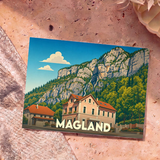 Carte postale souvenir de la ville de Magland avec une illustration stylisée de ses montagnes et de son architecture.