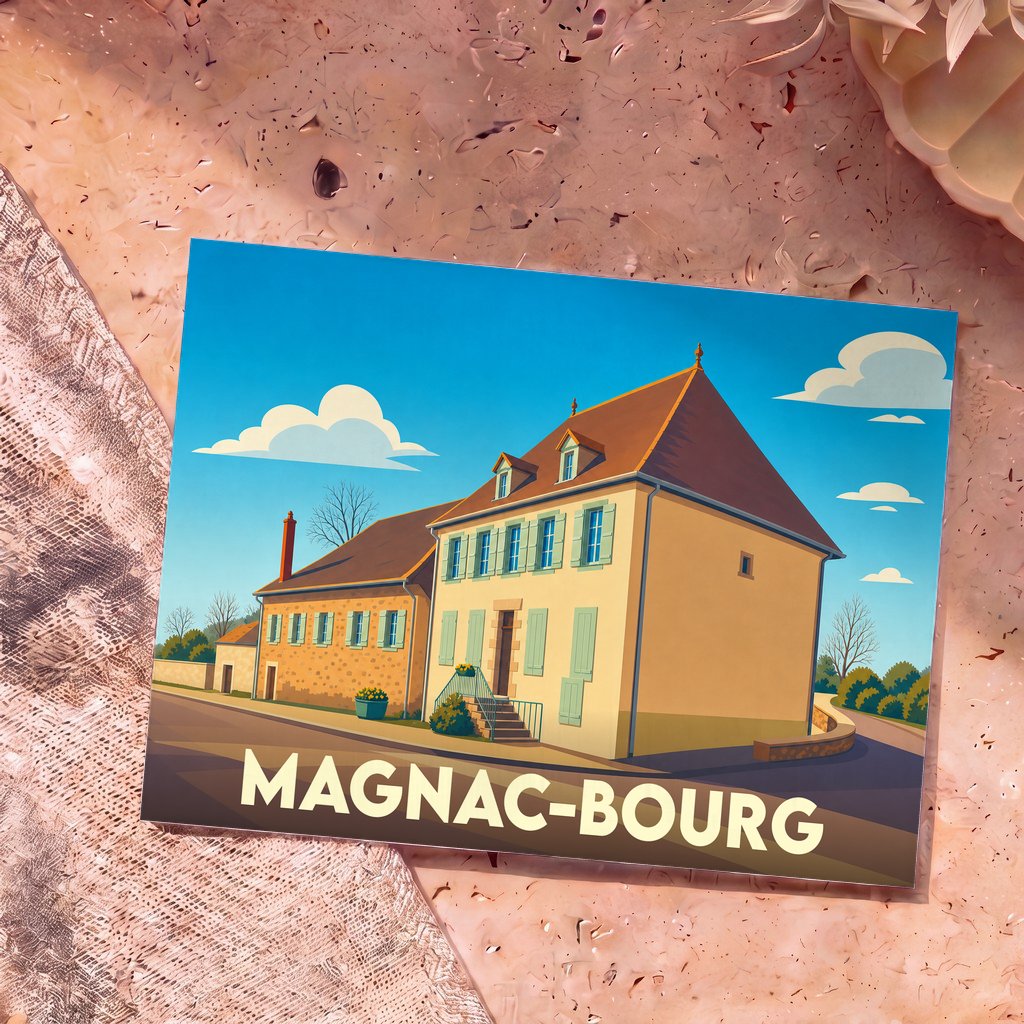 Carte postale souvenir de la ville de Magnac-Bourg avec une illustration stylisée de maisons typiques sous un ciel bleu.