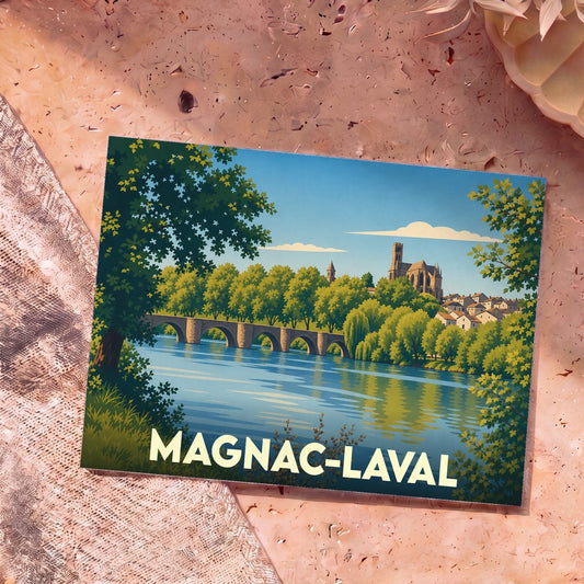 Carte postale souvenir de la ville de Magnac-Laval avec une illustration stylisée représentant son pont de pierre et son église au bord de l'eau.