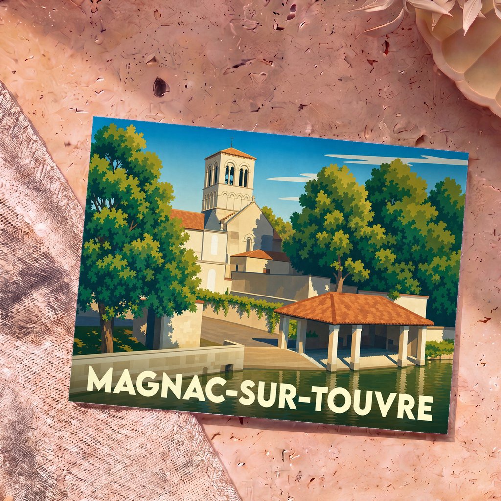 Carte postale souvenir de la ville de Magnac-sur-Touvre illustrant son église et son lavoir au bord de l'eau dans un style graphique épuré.