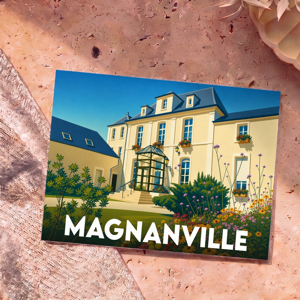 Carte postale souvenir de la ville de Magnanville avec une illustration stylisée d'un manoir fleuri.