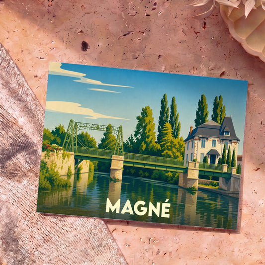 Carte postale souvenir de la ville de Magné avec une illustration stylisée de son pont métallique et d'une maison au bord de l'eau.