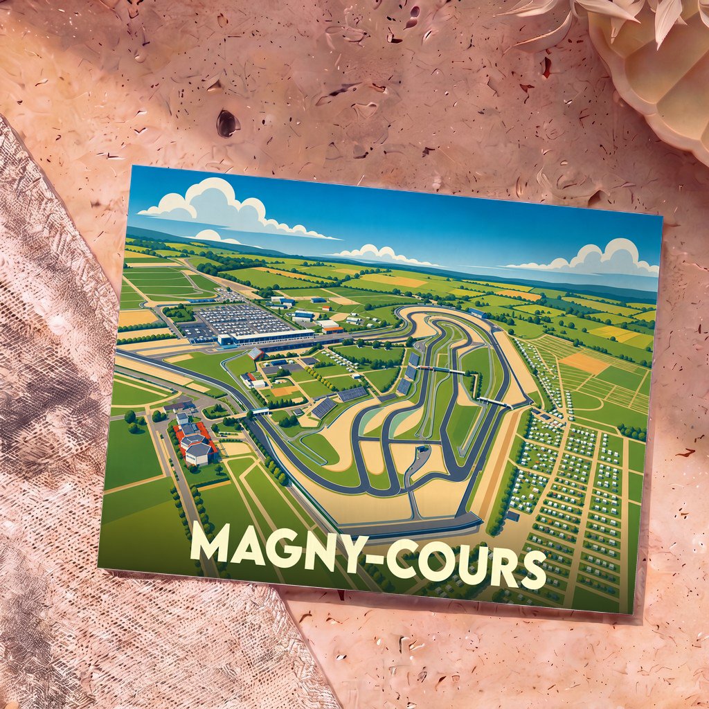 Carte postale souvenir de Magny-Cours illustrant le circuit automobile avec un style graphique épuré.