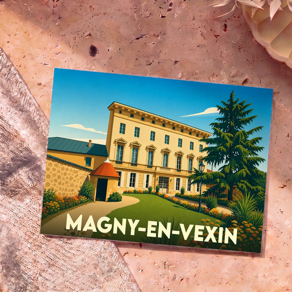 Carte postale souvenir de la ville de Magny-en-Vexin avec une illustration stylisée d'un bâtiment historique.