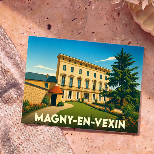 Carte postale souvenir de la ville de Magny-en-Vexin avec une illustration stylisée d'un bâtiment historique.