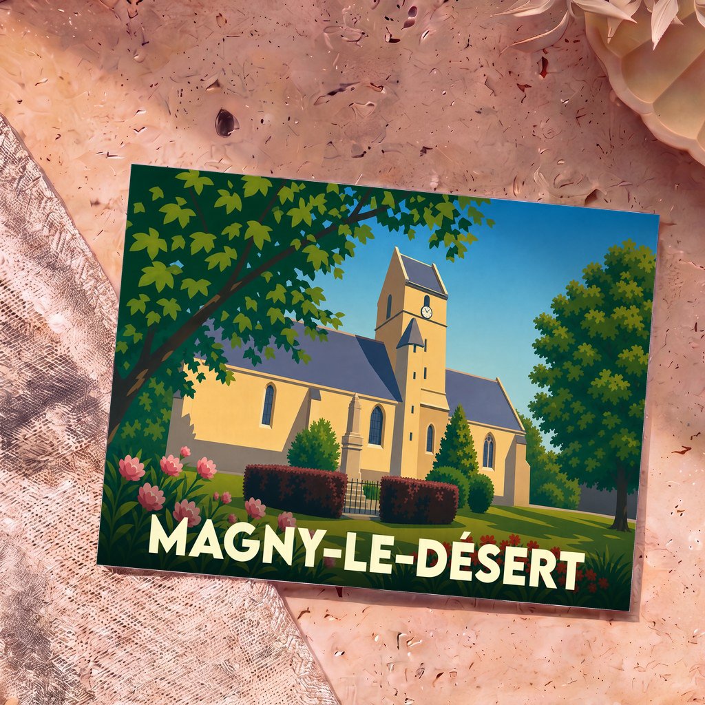 Carte postale souvenir de la ville de Magny-le-Désert avec une illustration stylisée de son église.