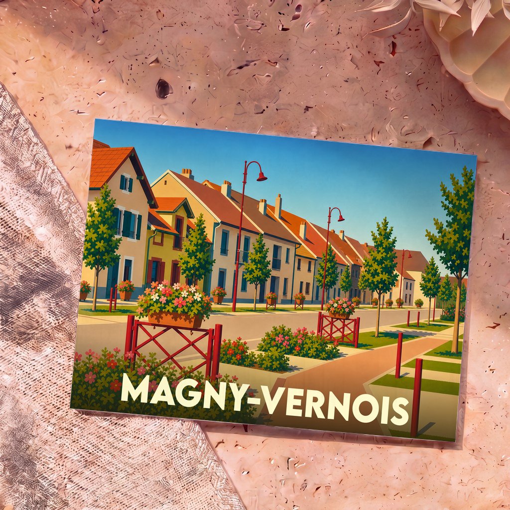 Carte postale souvenir de la ville de Magny-Vernois avec une illustration stylisée d'une rue fleurie.