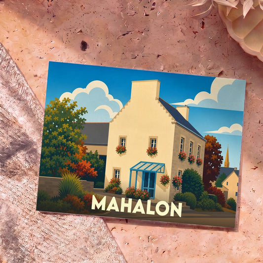 Carte postale souvenir de la ville de Mahalon avec une illustration stylisée d'une maison fleurie.