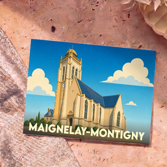 Carte postale souvenir de Maignelay-Montigny avec une illustration stylisée de son église sous un ciel bleu.