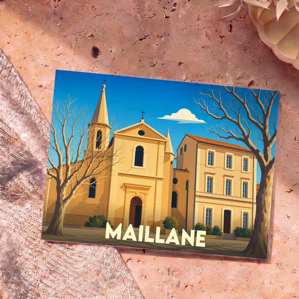 Carte postale souvenir de la ville de Maillane avec une illustration stylisée de son église et de son architecture provençale.