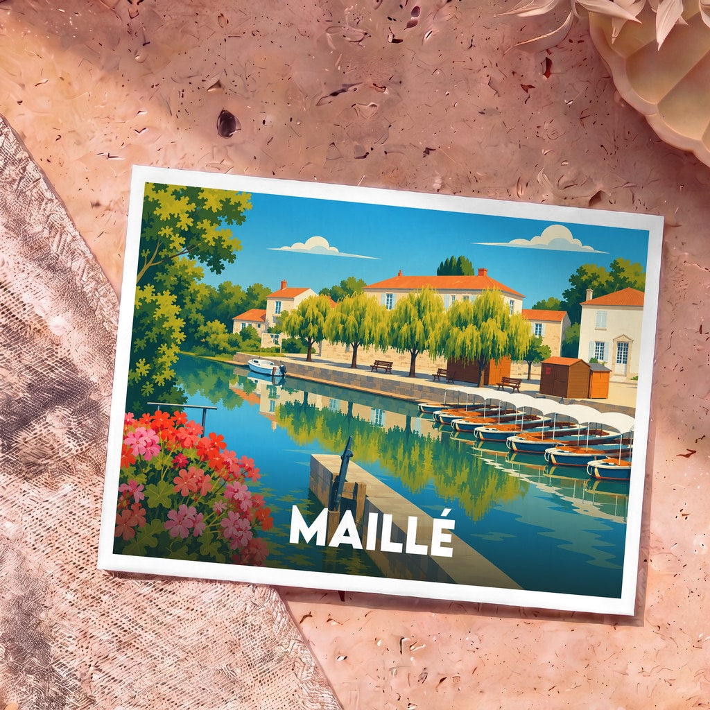 Carte postale souvenir de la ville de Maillé avec une illustration stylisée de ses canaux et bateaux.