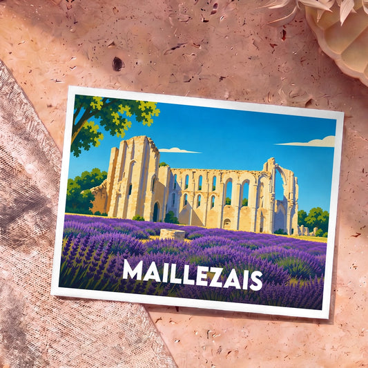 Carte postale souvenir de la ville de Maillezais illustrant les ruines de son abbaye bordées d'un champ de lavande.