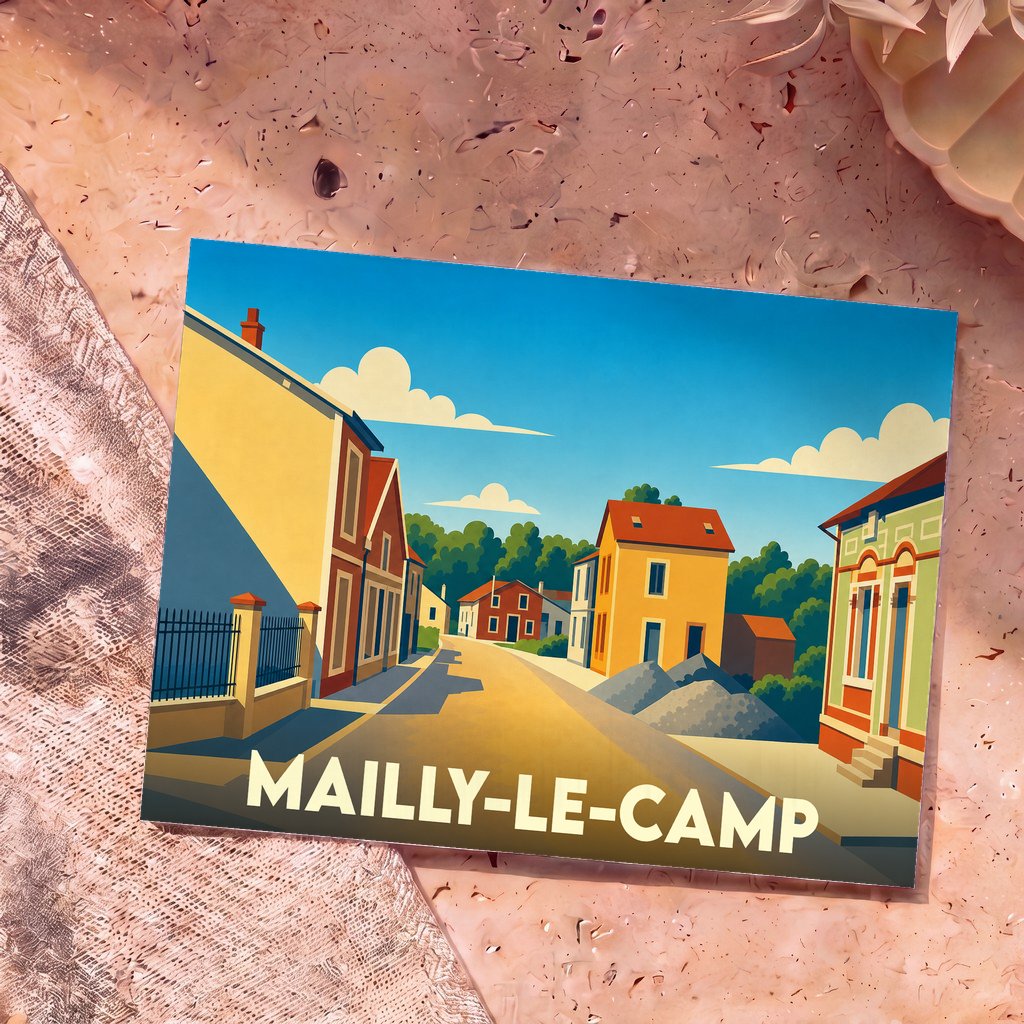 Carte postale souvenir de la ville de Mailly-le-Camp avec une illustration stylisée et colorée.