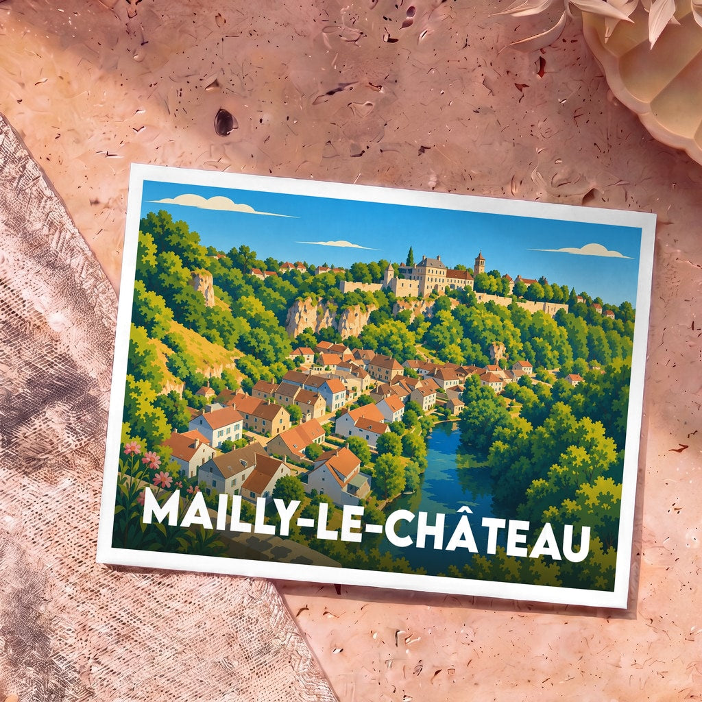 Carte postale souvenir de la ville de Mailly-le-Château avec une illustration stylisée du village et de son château.