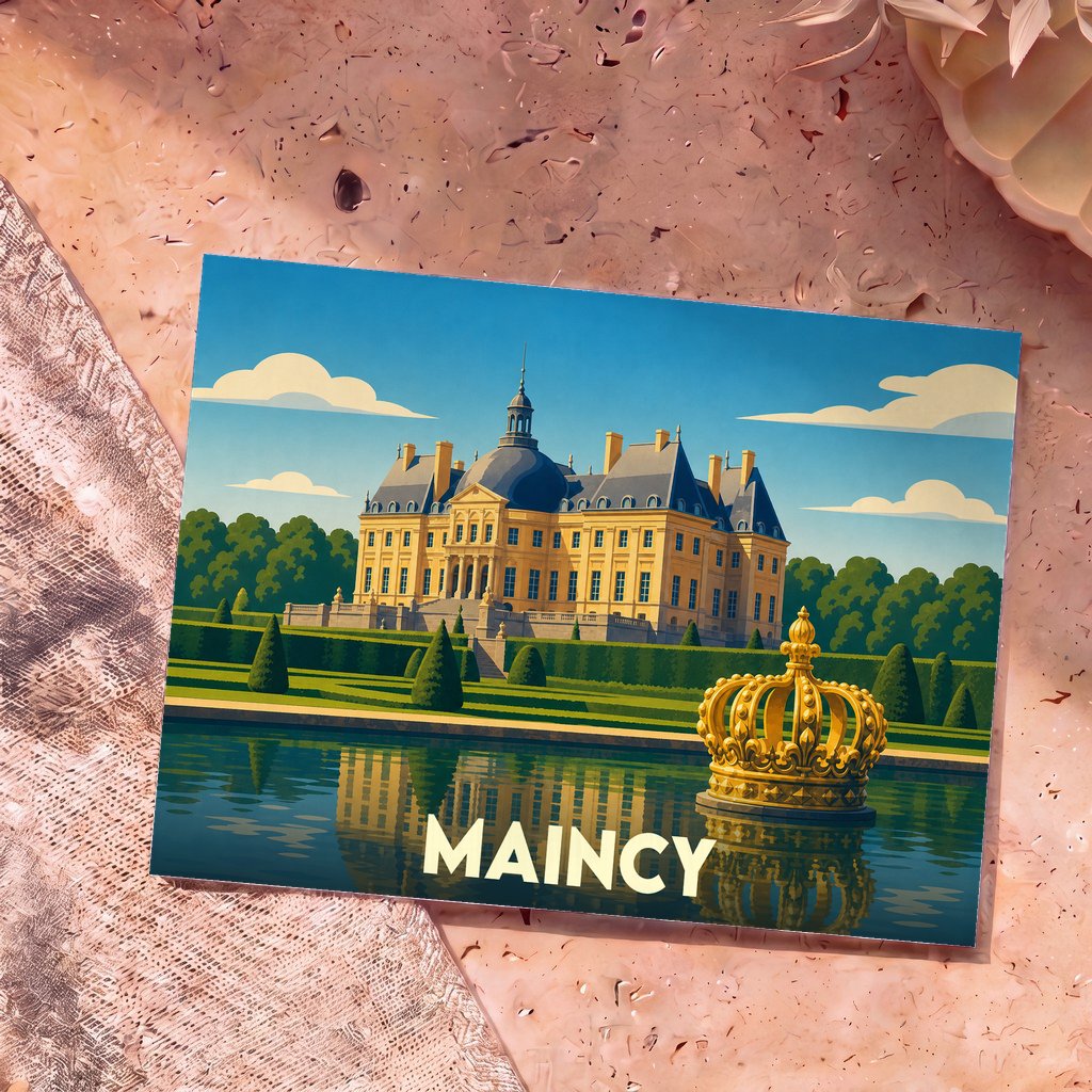 Carte postale souvenir de la ville de Maincy illustrant son château et ses jardins avec un style graphique épuré.