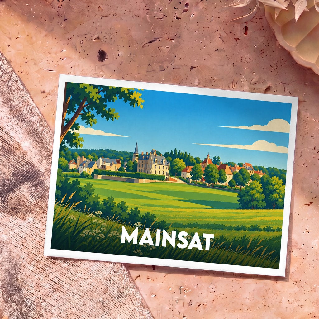 Carte postale souvenir de la ville de Mainsat avec une illustration stylisée de son paysage et de ses bâtiments.