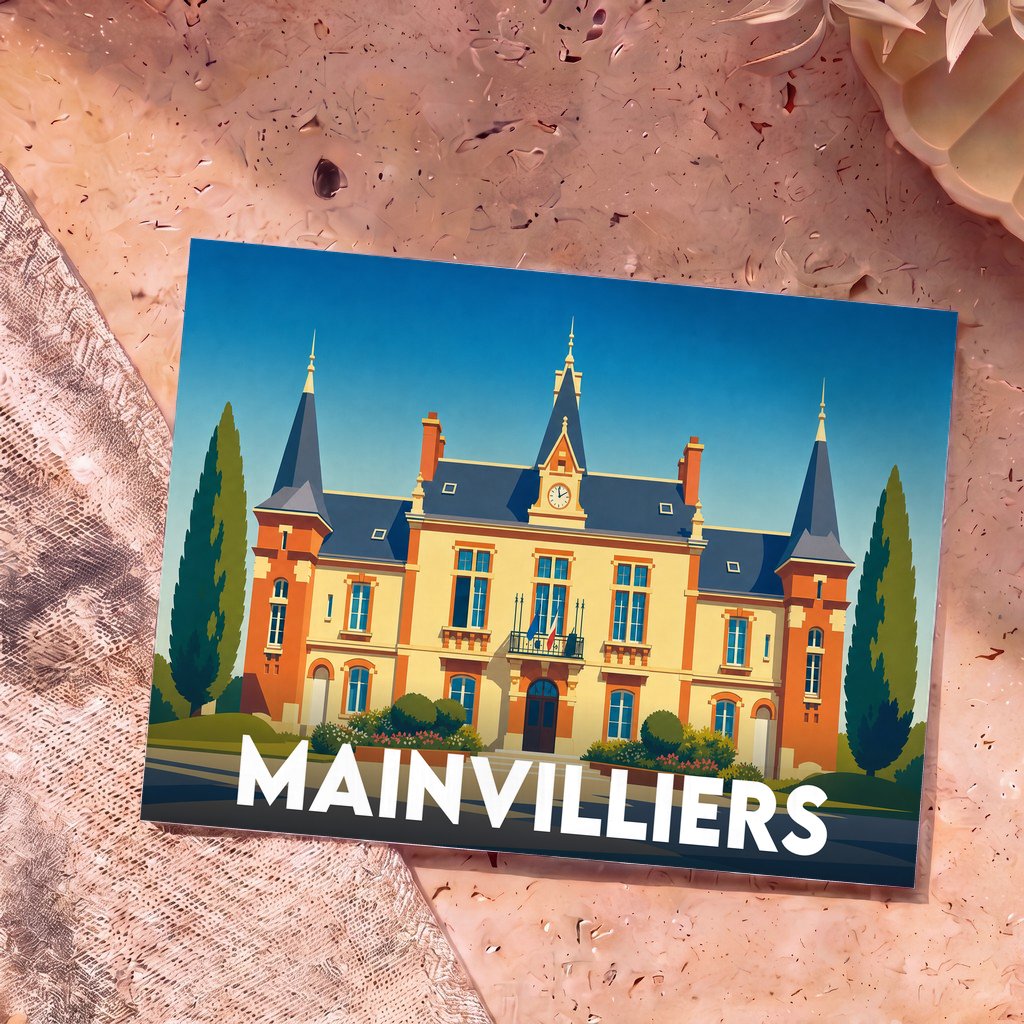 Carte postale souvenir de la ville de Mainvilliers avec une illustration stylisée de son hôtel de ville.