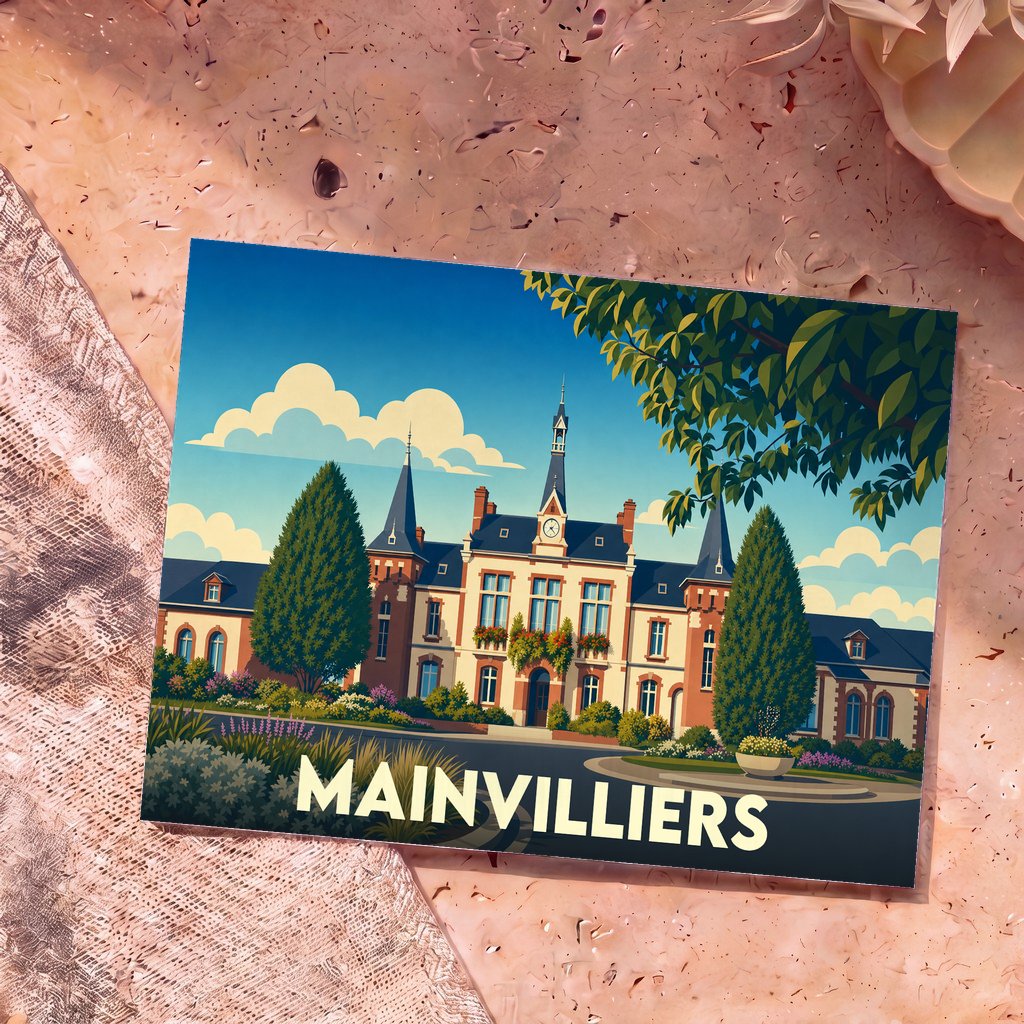 Carte postale souvenir de la ville de Mainvilliers avec une illustration stylisée de son hôtel de ville.