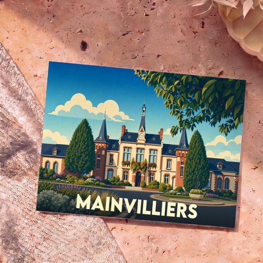 Carte postale souvenir de la ville de Mainvilliers avec une illustration stylisée de son hôtel de ville.