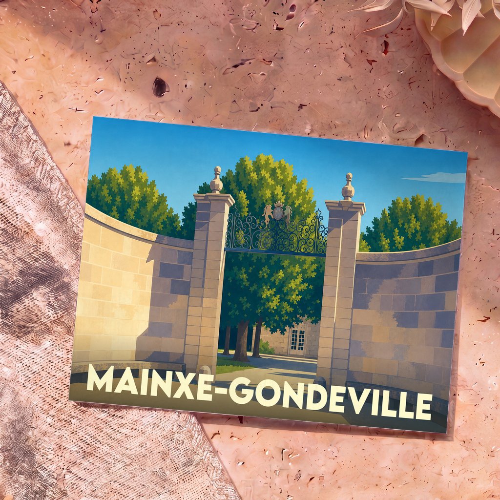 Carte postale souvenir de Mainxe-Gondeville illustrant le portail d'une propriété charentaise dans un style graphique épuré.