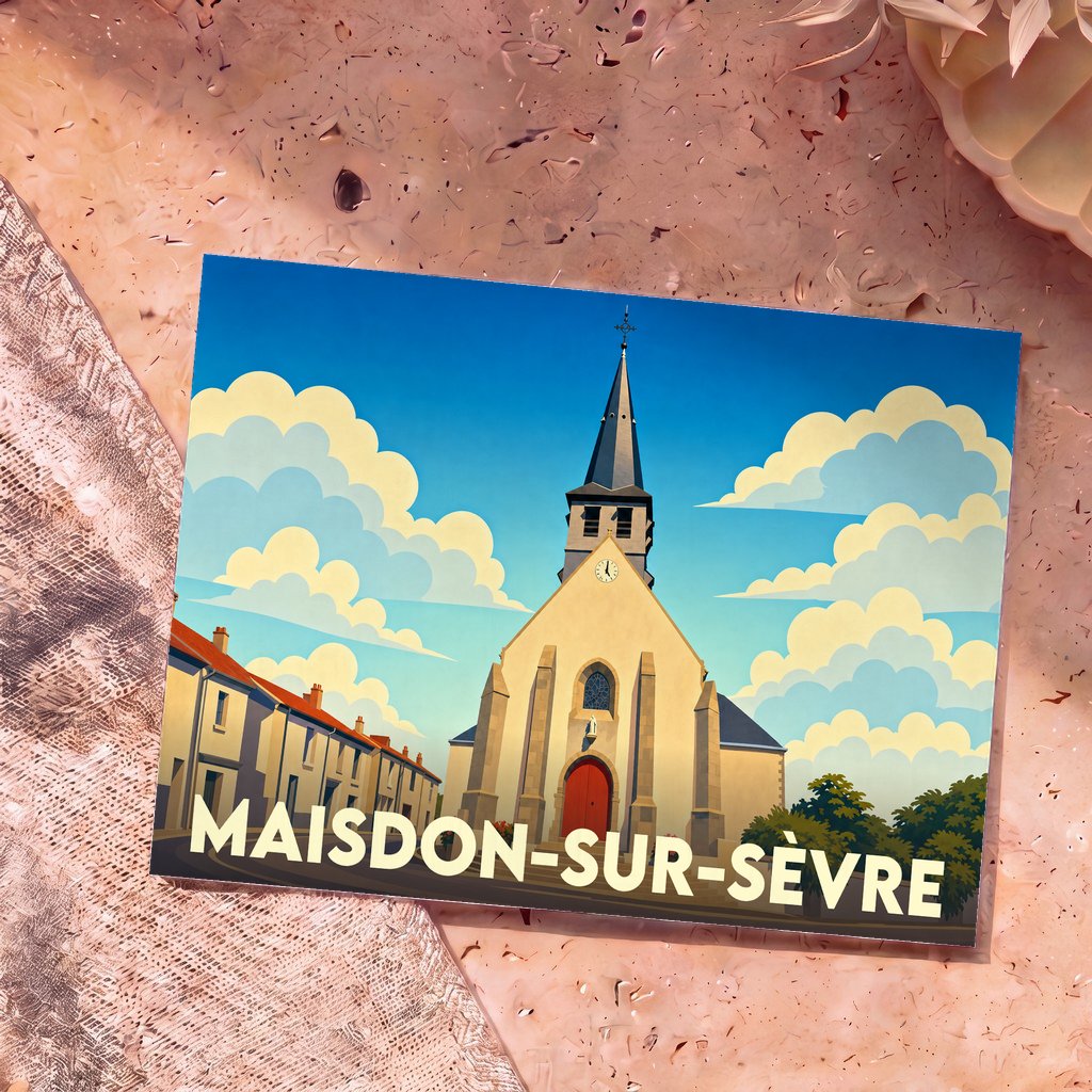 Carte postale souvenir de la ville de Maisdon-sur-Sèvre avec une illustration stylisée de son église sous un ciel nuageux.