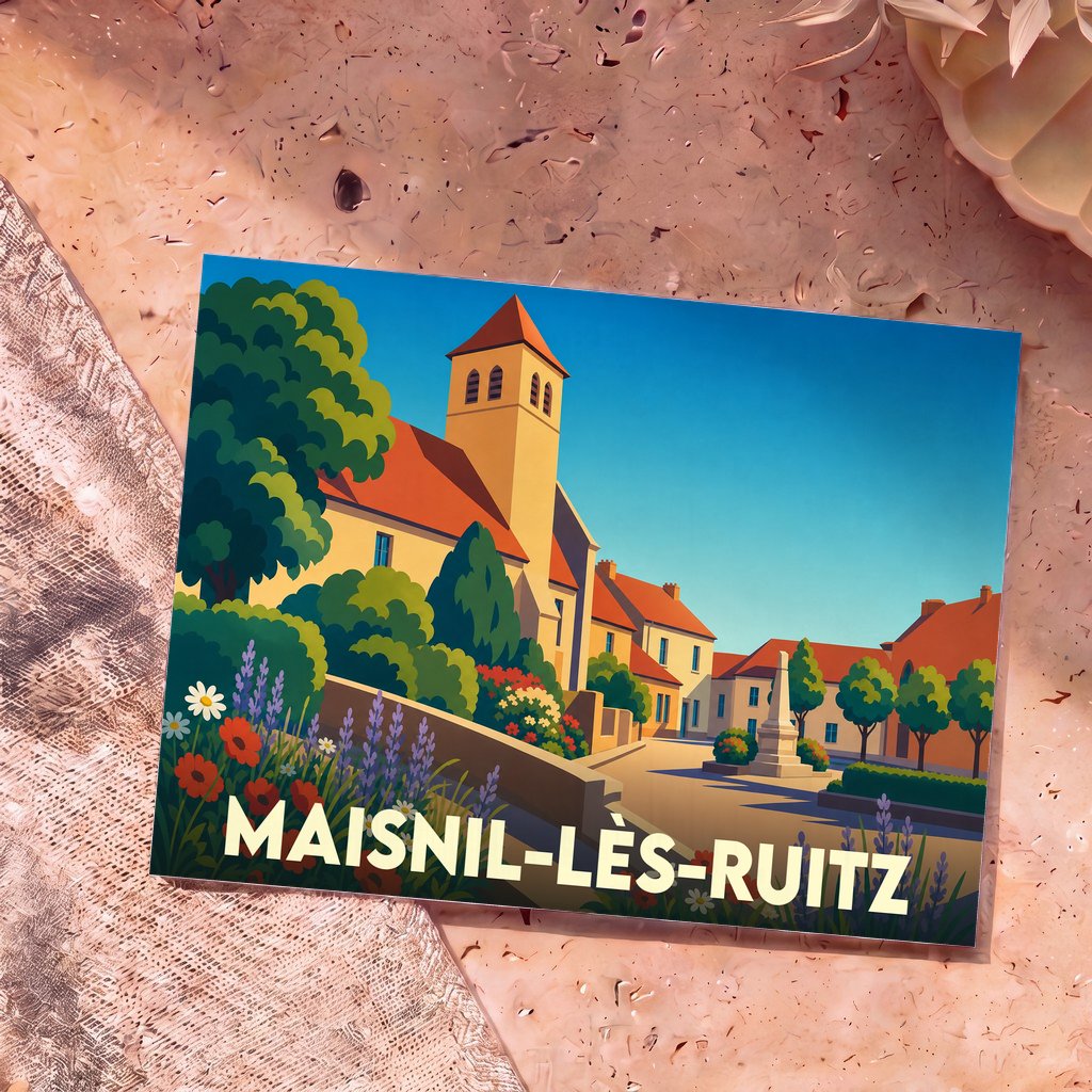 Carte postale souvenir de la ville de Maisnil-lès-Ruitz avec une illustration stylisée et colorée.