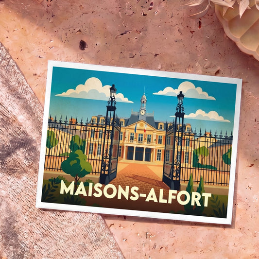 Carte postale souvenir de la ville de Maisons-Alfort avec une illustration stylisée de son hôtel de ville derrière une grille monumentale.