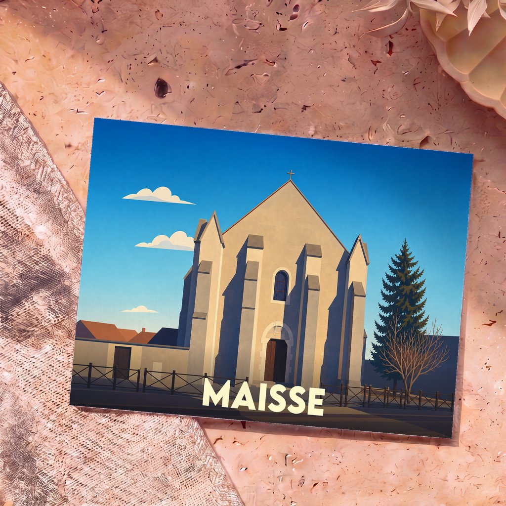 Carte postale souvenir de la ville de Maisse avec une illustration stylisée de son église sous un ciel bleu.
