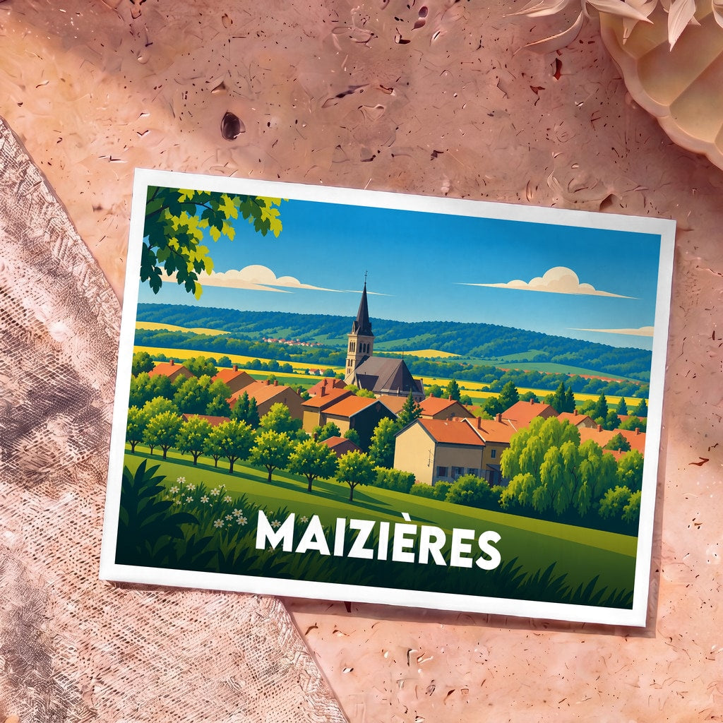 Carte postale souvenir de la ville de Maizières illustrant un paysage de village champêtre dans un style graphique épuré.