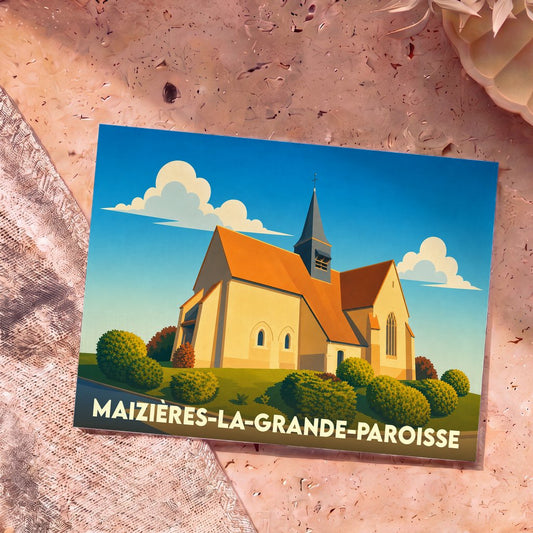 Carte postale souvenir de la ville de Maizières-la-Grande-Paroisse avec une illustration stylisée de son église.