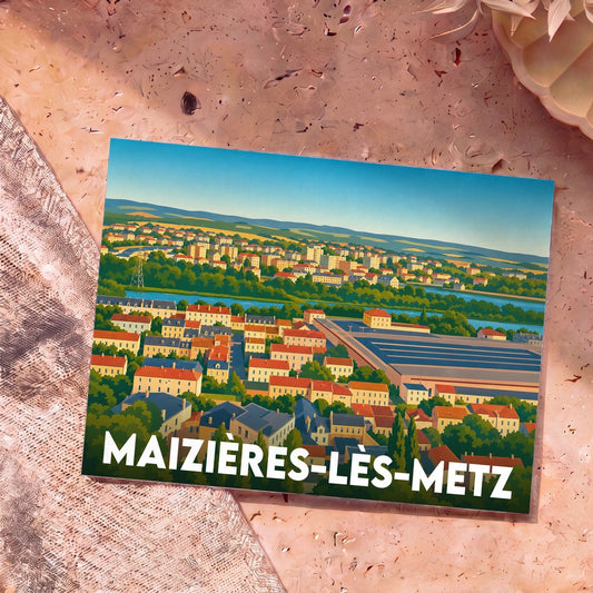 Carte postale souvenir de la ville de Maizières-lès-Metz avec une illustration panoramique stylisée.