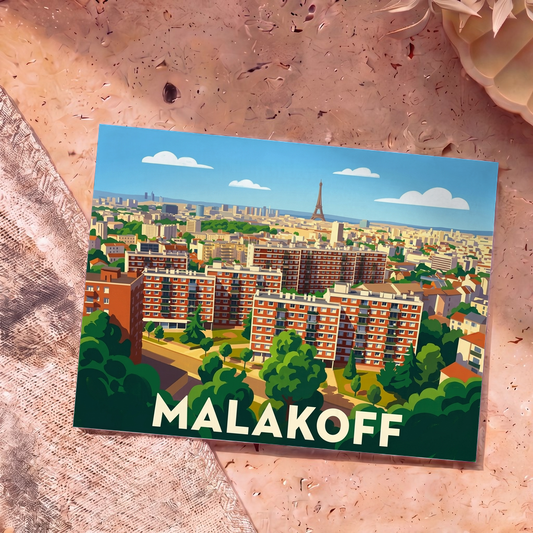 Carte postale souvenir de la ville de Malakoff avec une illustration stylisée montrant ses immeubles et la tour Eiffel à l'horizon.