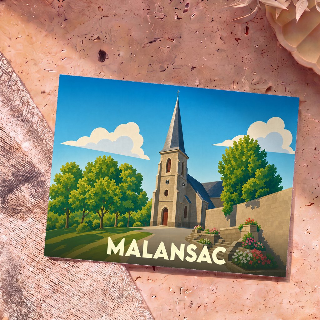 Carte postale souvenir de la ville de Malansac illustrant son église entourée de verdure dans un style graphique épuré.