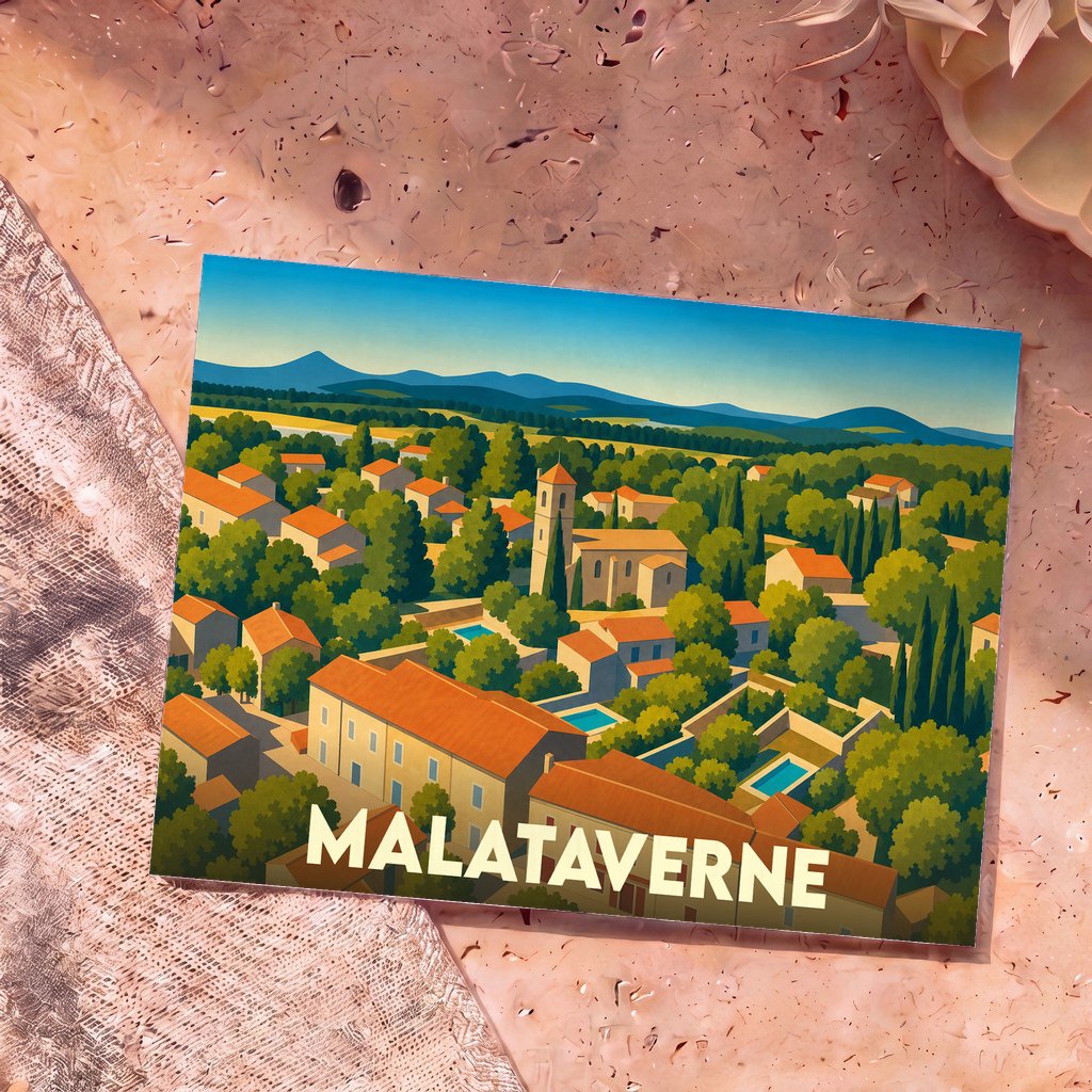 Carte postale souvenir de la ville de Malataverne avec une illustration stylisée d'un village provençal.