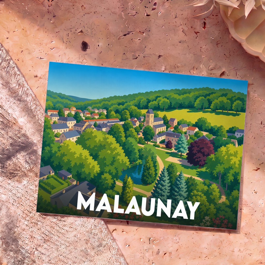 Carte postale souvenir de la ville de Malaunay avec une illustration stylisée et verdoyante du village.
