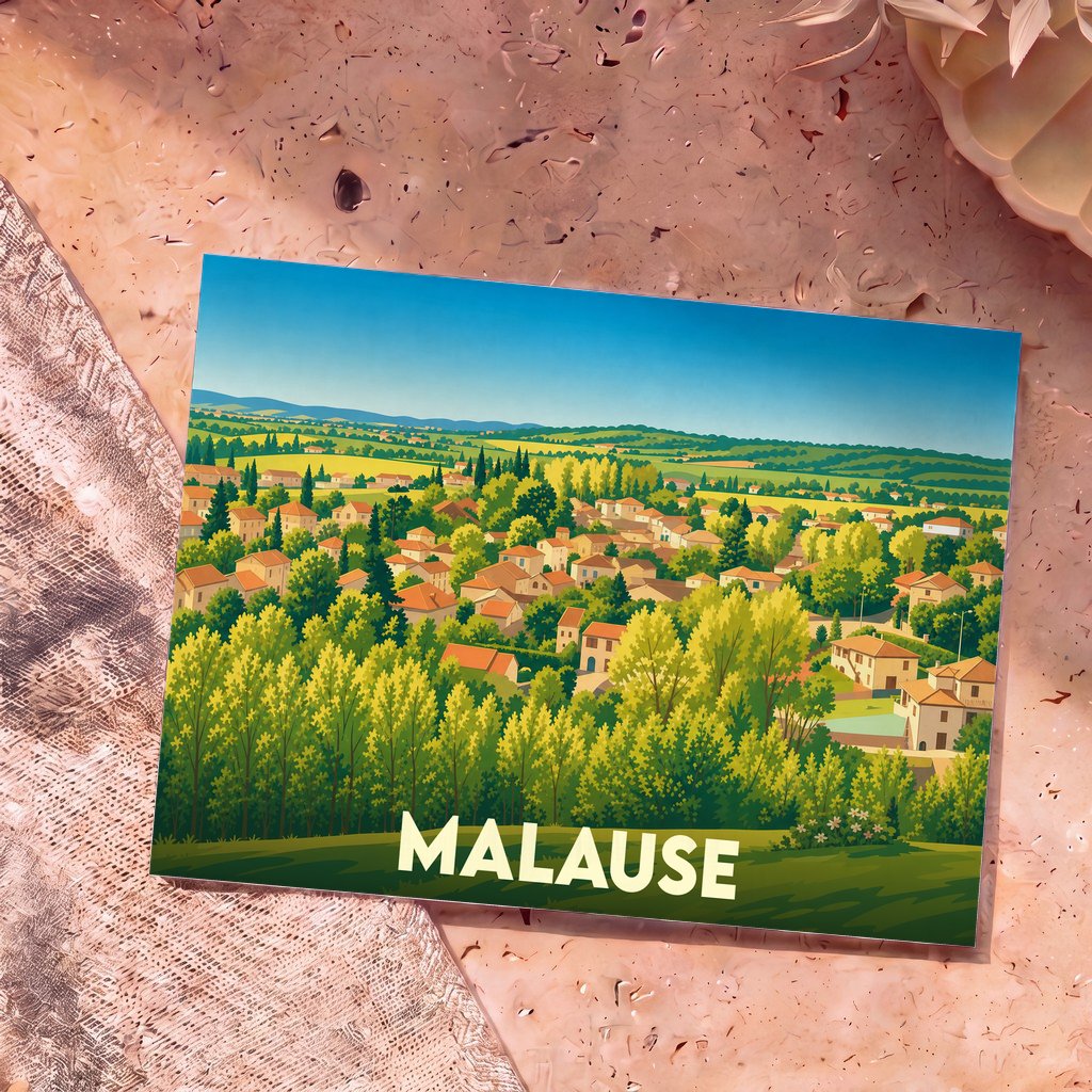 Carte postale souvenir de la ville de Malause avec une illustration stylisée d'un village niché dans une vallée verdoyante.