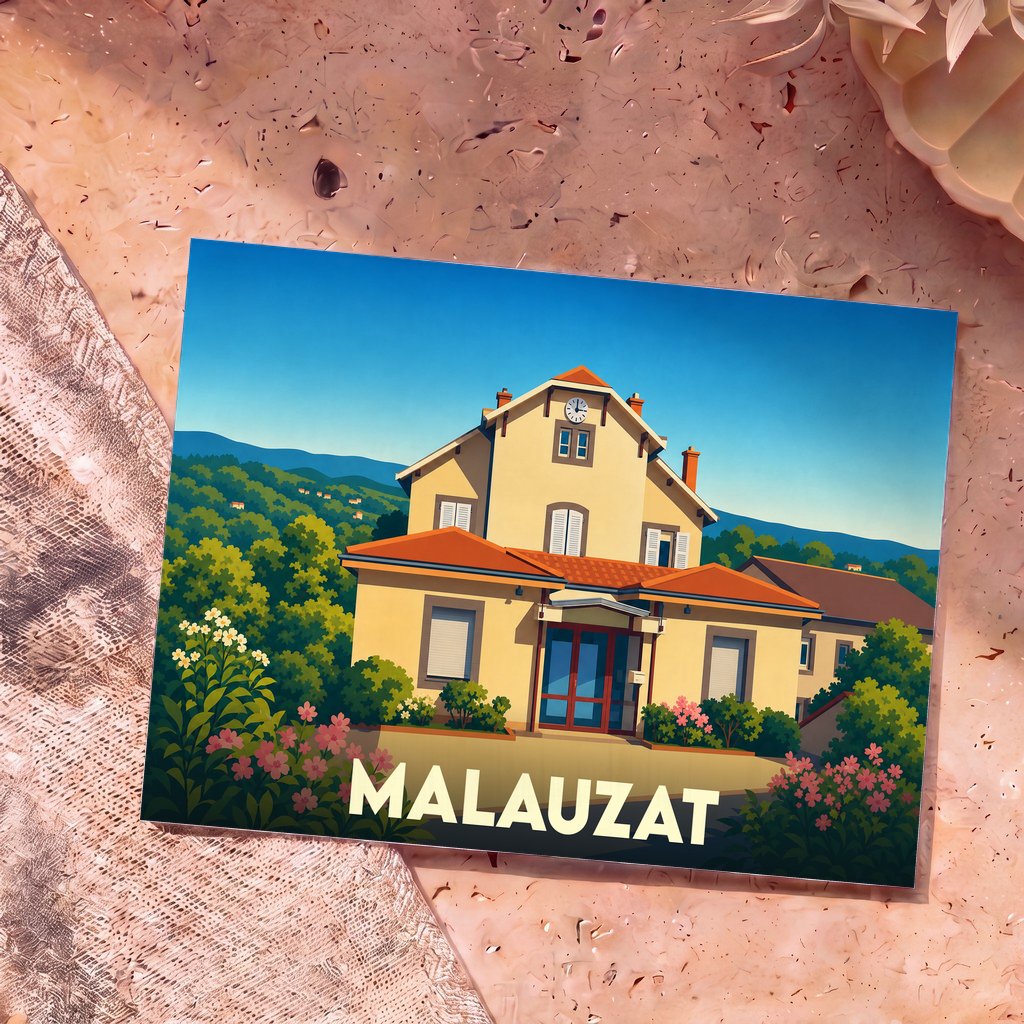 Carte postale souvenir de la ville de Malauzat avec une illustration stylisée de sa mairie.