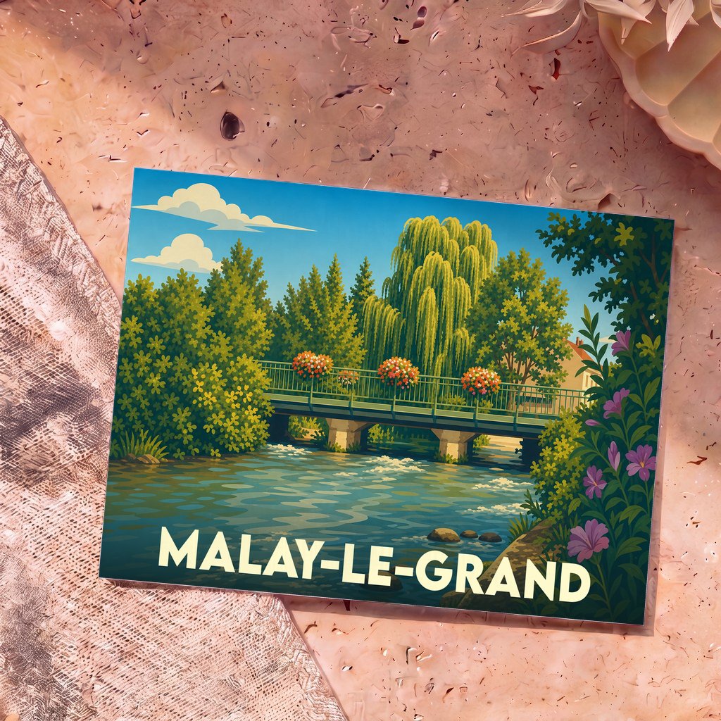 Carte postale souvenir de la ville de Malay-le-Grand avec une illustration stylisée d'un pont fleuri en bord de rivière.