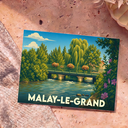 Carte postale souvenir de la ville de Malay-le-Grand avec une illustration stylisée d'un pont fleuri en bord de rivière.