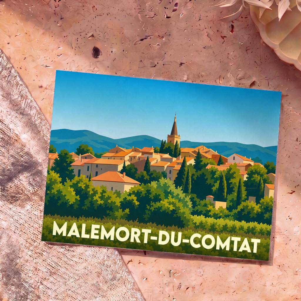 Carte postale souvenir de la ville de Malemort-du-Comtat avec une illustration stylisée.